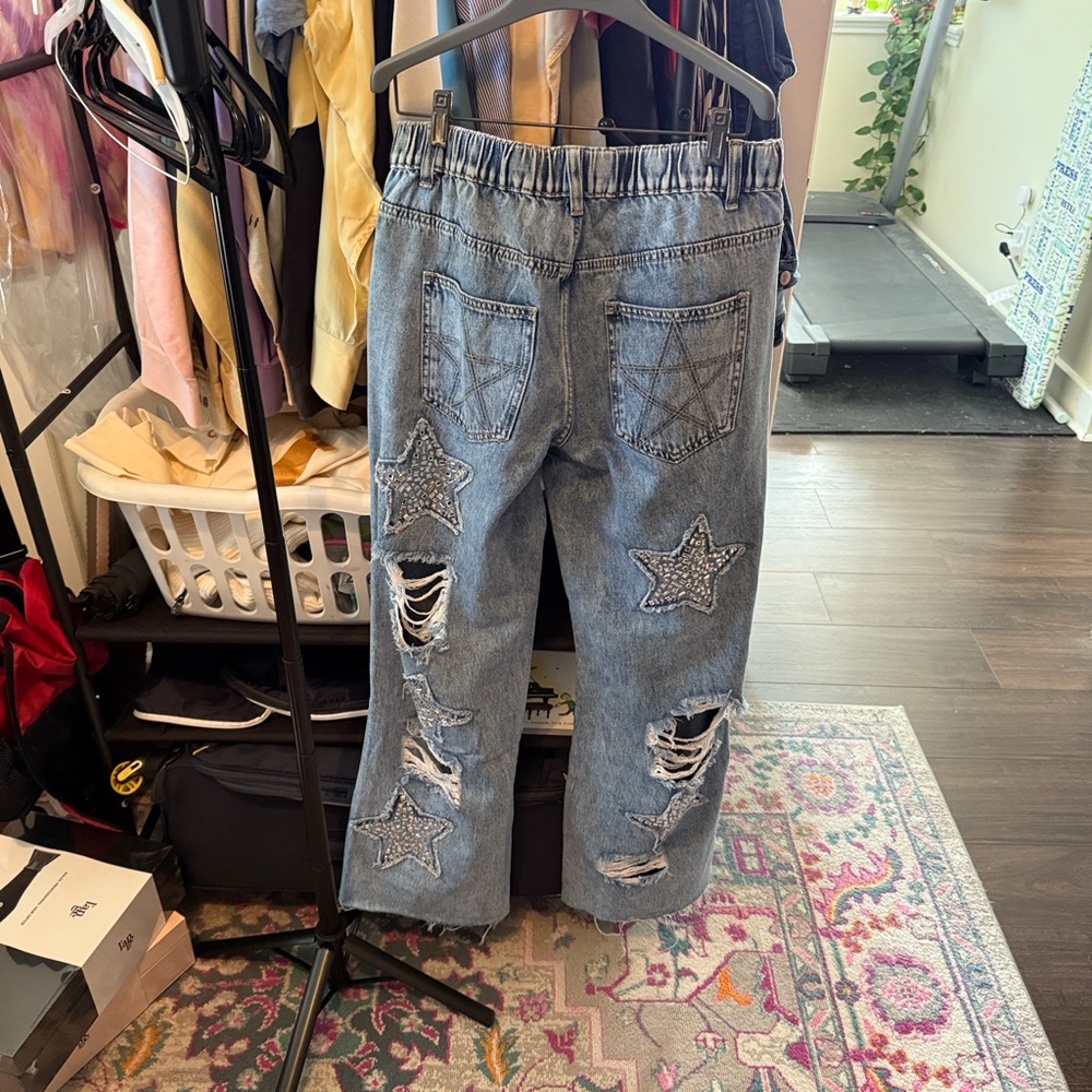 Oli & Hali Blue Distressed Star Embellished Flare Jeans - Picture 3 of 3
